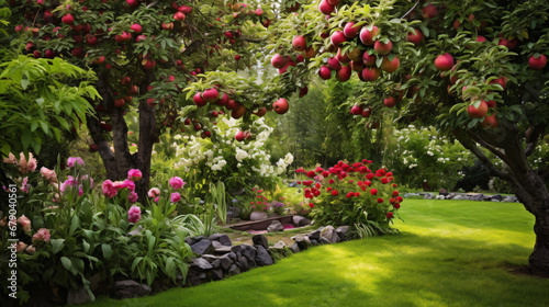 Dwarf apple trees in the green summer garden
