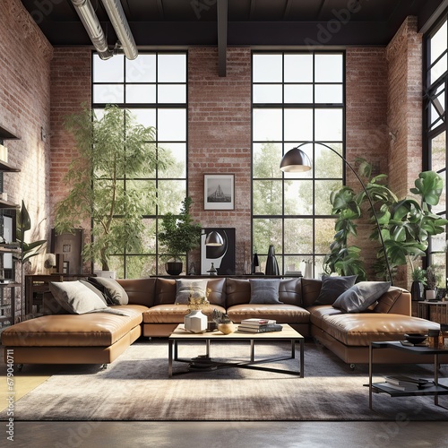 Luxurious living room with leather sectional and expansive windows showing lush greenery outside photo