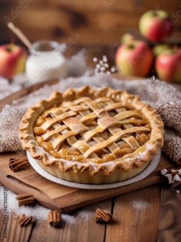 sweet apple pie with white sugar sprinkles on a wooden tray and blurred