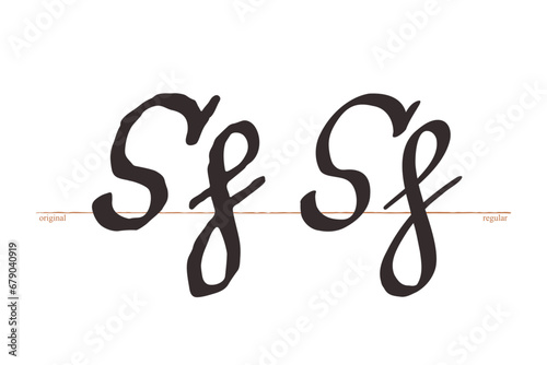 Letter S logo. Medieval script type. Original and regular calligraphy. Middle Ages Gothic set. Vintage blackletter Germanic font for fairytale, Fraktur headline, oldschool header, heraldry manuscript. photo