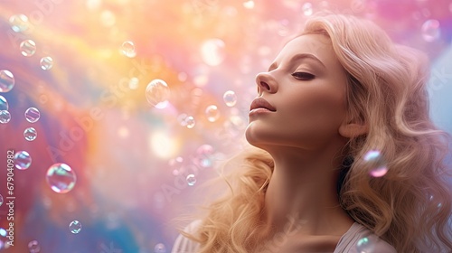 Girl Amidst a Rainbow Pastel Glittering Pink Fantasy Galaxy with Magical Mermaid Bokeh.