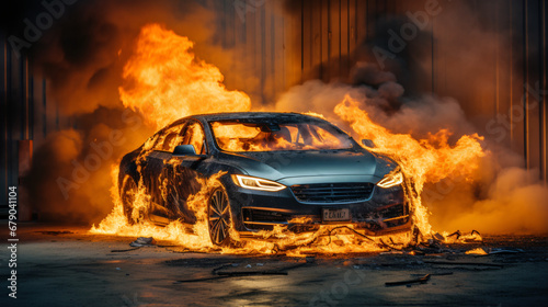 Electric car catches fire.