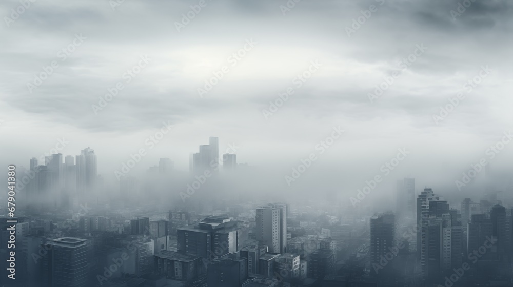 a black and white photo of a city in the fog