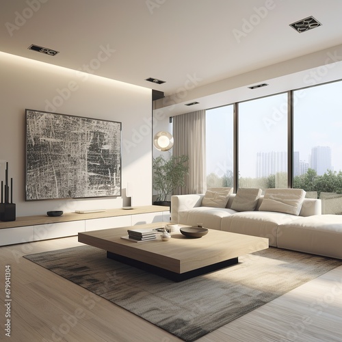 Stylish monochrome living room with sophisticated furniture and abstract wall art for a modern look
