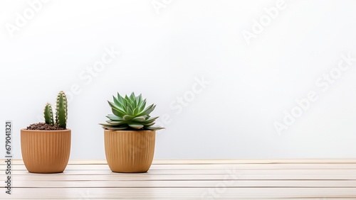 two potted plants sitting on top of a wooden table
