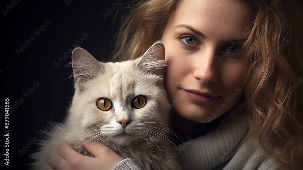 a woman holding a white cat in her arms a woman holding a white cat in her arms