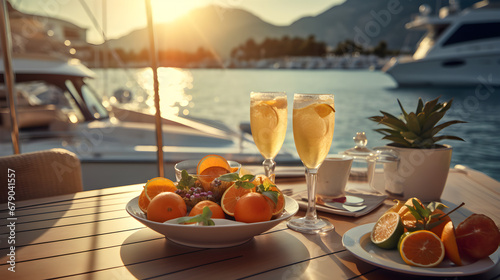 Delicious breakfast of fruits on a yacht at sea photo