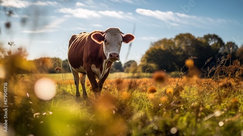a brown and white cow standing on top of a lush green field © Nick