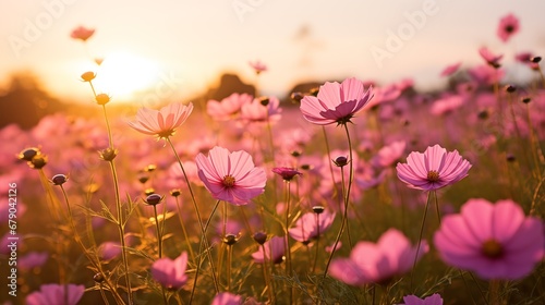 a field of pink flowers with the sun in the background