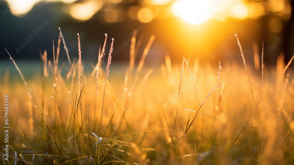 a grassy field with the sun setting in the background