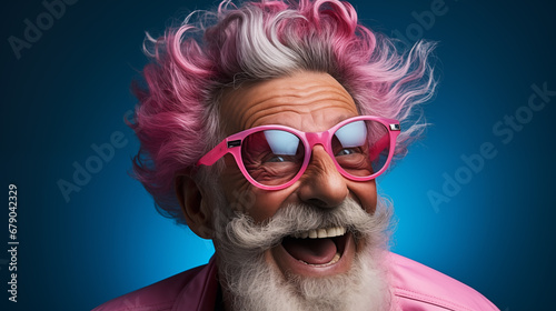 Funny senior man with colorful hair and sunglasses on blue background. © D-Stock Photo