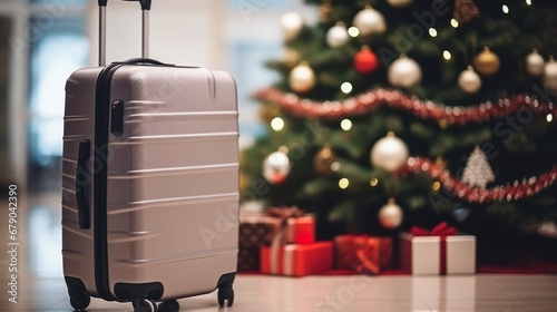 Suitcase next to a Christmas tree and gift box representing winter holidays season travel © Keitma