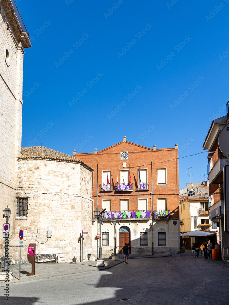 Peñafiel, Spain - October 12, 2023: details of the buildings of the historic center in the city of Peñafiel, Valladolid, Spain