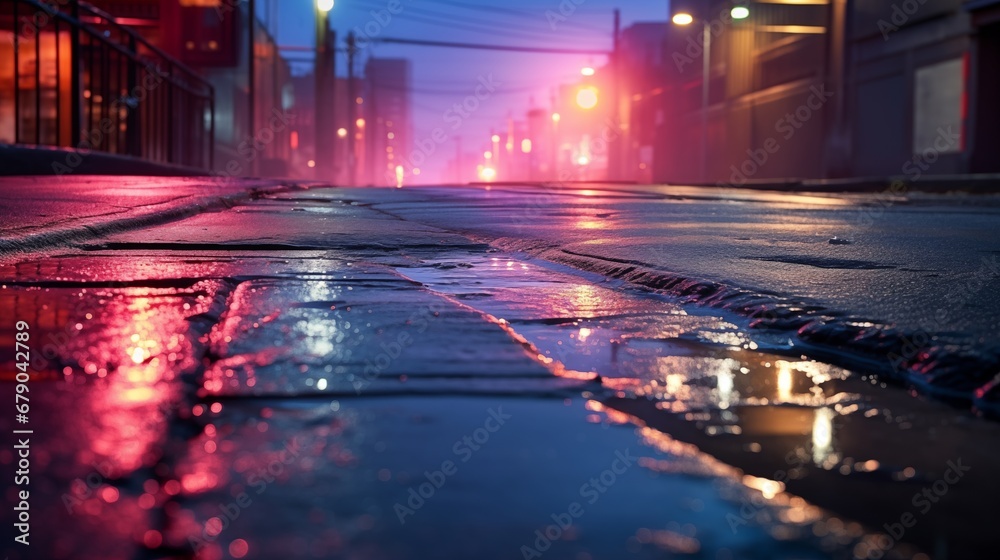 a wet street with a red traffic light in the background