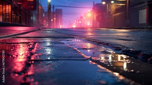 a wet street with a red traffic light in the background