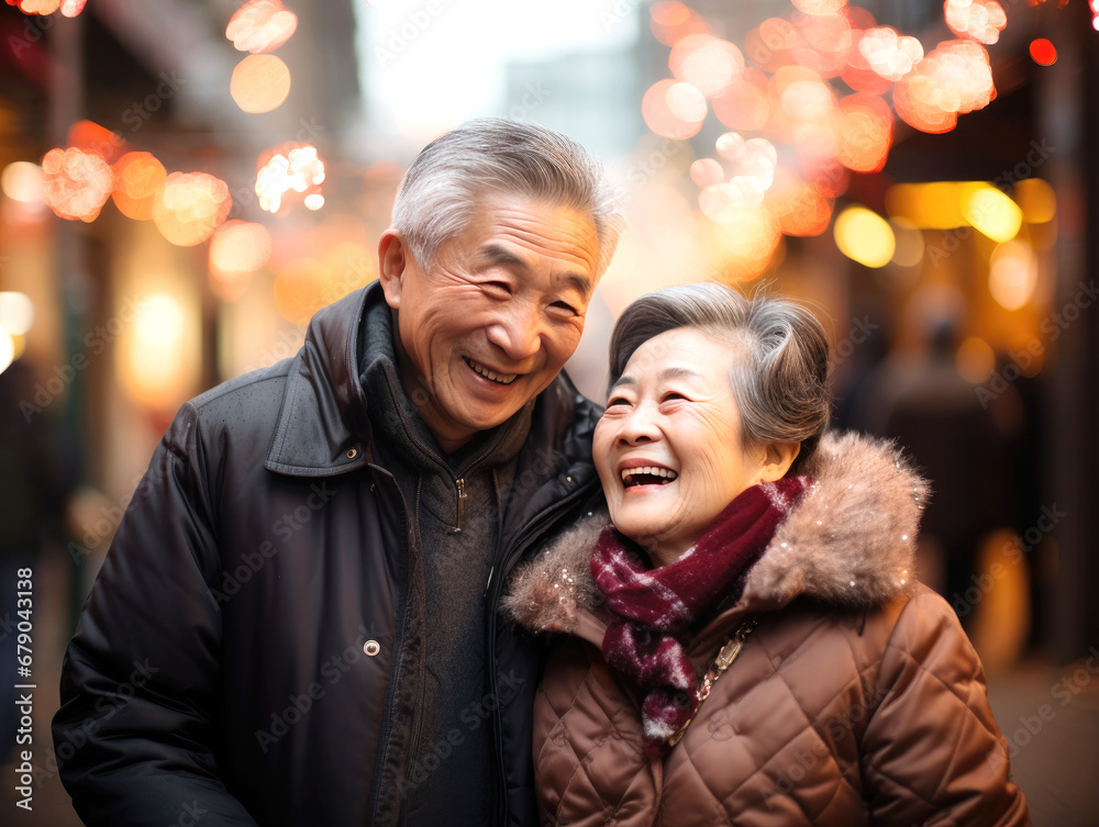 smiling Chinese old couple on lanterns background, lunar spring festival smiling Chinese old couple on lanterns background, lunar spring festival