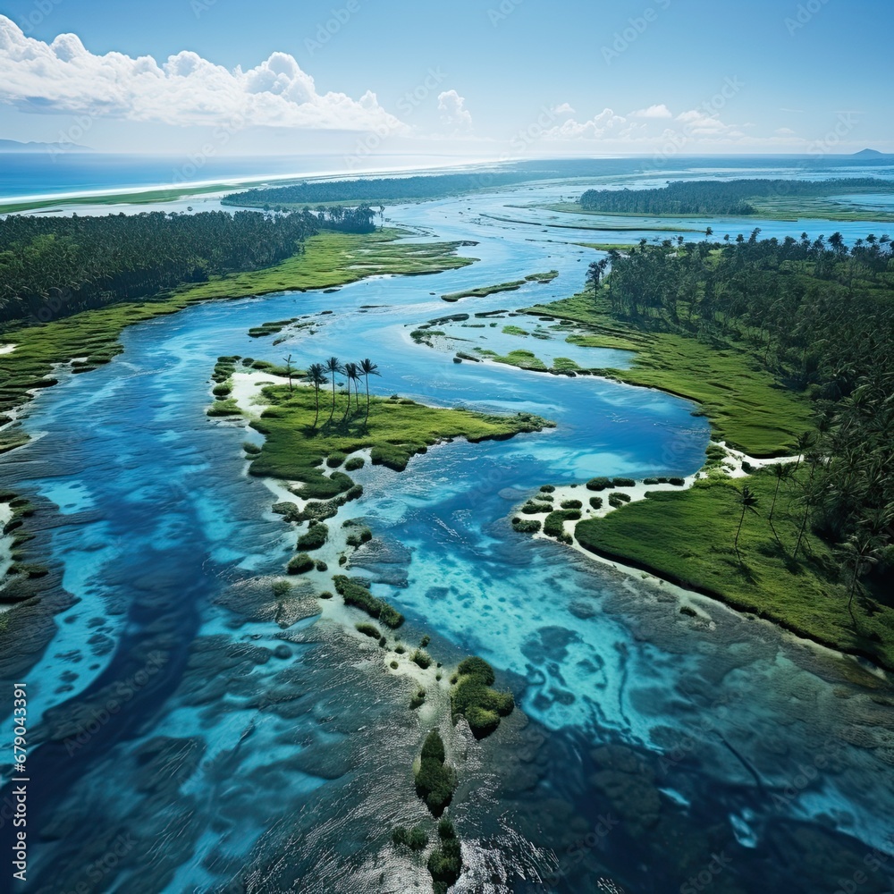 Fototapeta premium Kiribati landscape. Aerial drone view. Generative AI Art. Beautiful view.
