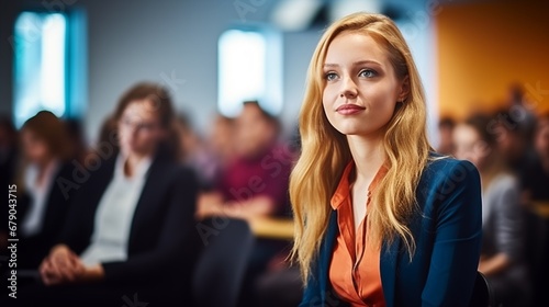 a woman sitting in front of a group of people in a business conference