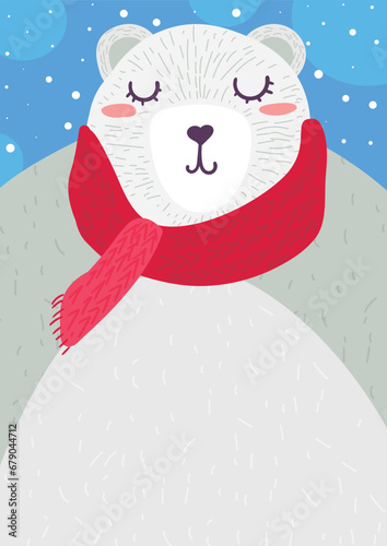 Cute dreaming polar bear with closed eyes, wearing warm knitted red scarf. Doodle style art. Vertical illustration for children book. Felt tip pen drawn cartoon vector