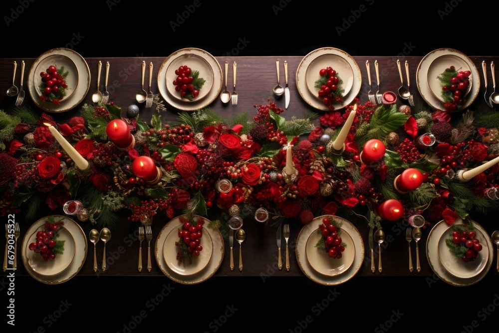 custom made wallpaper toronto digitalChristmas table top view with golden cutlery. Plate festive event season. Generate Ai