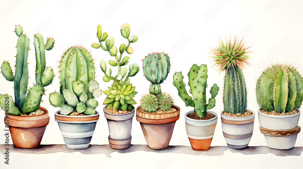 Set of watercolor cactus in a pot illustration Set of watercolor cactus in a pot illustration