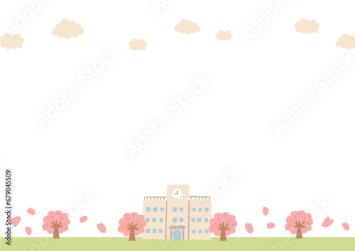 かわいい桜と学校の春の風景のイラスト