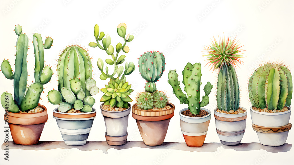 Fototapeta premium Set of watercolor cactus in a pot illustration
