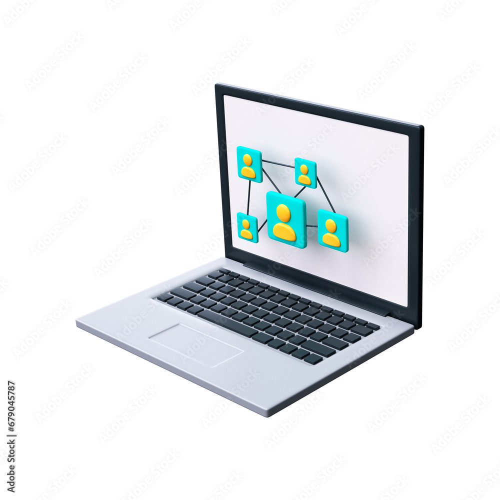 3D icon of a group of people, friends or work team. Social connection icon on laptop screen...