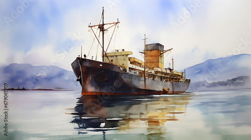 Watercolor rustic cargo ship in the sea
