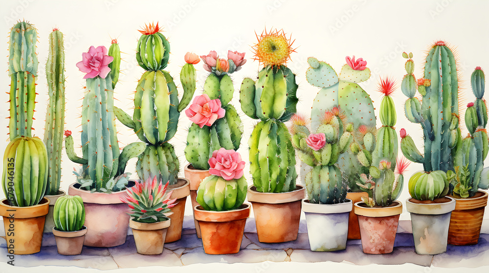 Watercolor set of cactus flowers illustration Watercolor set of cactus flowers illustration