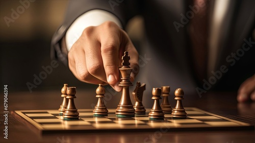 Businessman moving chess piece on chess board game , generated by AI