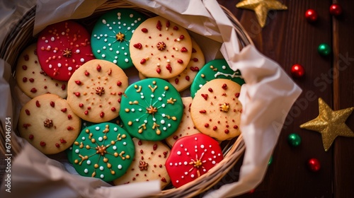 a basket filled with lots of decorated cookies