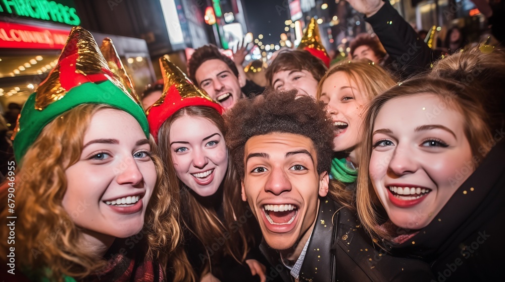 a group of young people wearing party hats celebrating Christmas on the street