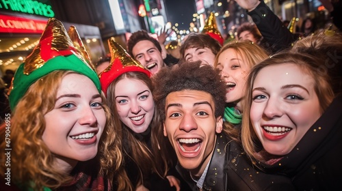 a group of young people wearing party hats celebrating Christmas on the street