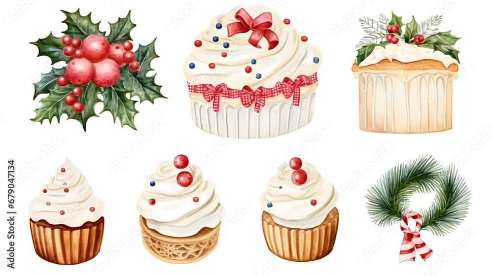 Watercolor set illustration of christmas bakery isolated on white background Watercolor set illustration of christmas bakery isolated on white background