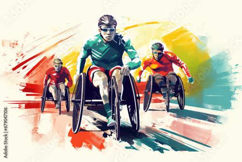 Illustration of a group of disabled athletes doing sports in wheelchairs on a treadmill. Green, blue, purple and yellow watercolor splashes.