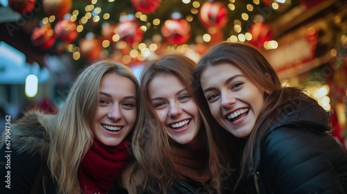 three young women are smiling for the camera at Christmas market