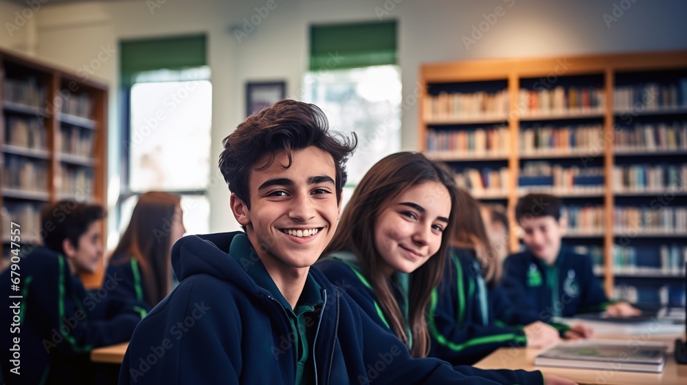 Two students sitting at a table in a library of college Two students sitting at a table in a library of college
