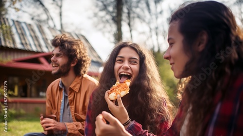 a group of young people eating pizza together