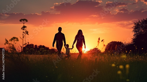 a silhouette of father, mother and kid holding hands as the sun sets