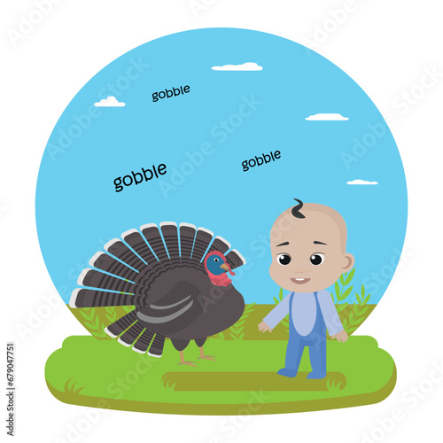 Turkey says gobble gobble. Baby and turkey. Farm animals study for babies. Education material. Speech therapy cards. flashcard. 