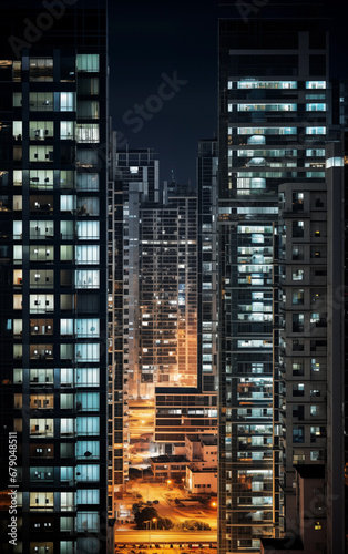 Night View of Illuminated High-rise Buildings in Indian City