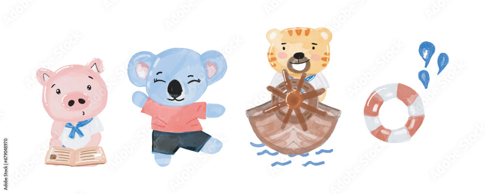 Fototapeta premium watercolor hand drawn illustration little hippo, elephant, pig, tiger sailor costume. Animal pirates.Captain. Childish illustration book