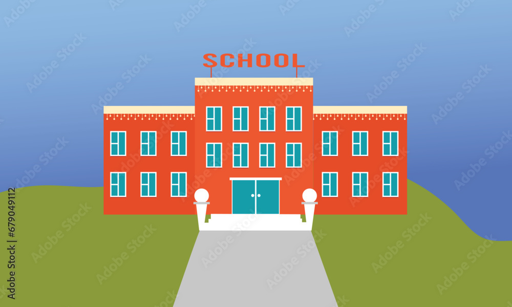 School building with landscape in background. Vector illustration.
