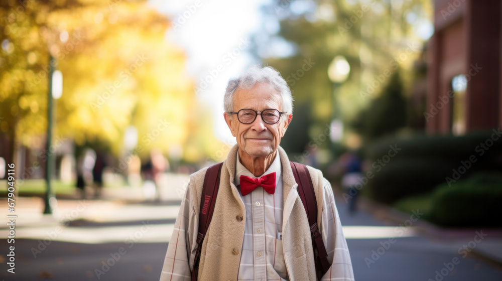 portrait handsome man university college teacher, scientist or educator. walks down the city street modern campus, outdoors. portrait handsome man university college teacher, scientist or educator. walks down the city street modern campus, outdoors.
