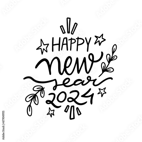 Happy New Year 2024 handwritten black color lettering phrase calligraphy style.
