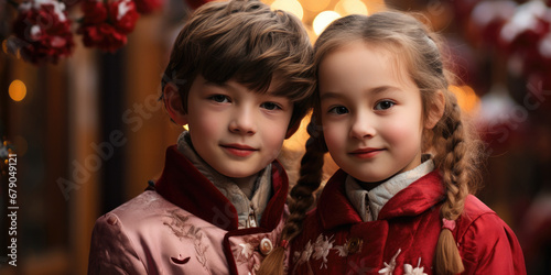 Smiling kids with Chinese new year traditional clothing, lunar spring festival