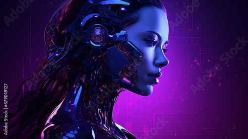 Cyberpunk Cyborg face woman technology background with Generative Ai.