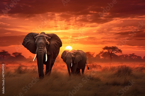 elephants in the sunset in the savannah 