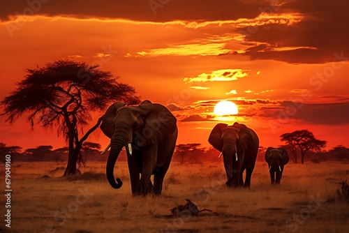 elephants at sunset in the wild